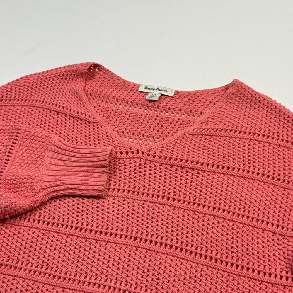 Tommy Bahama Sweater Womens Large Pink Open Weave Pullover Cotton Knit Crewneck